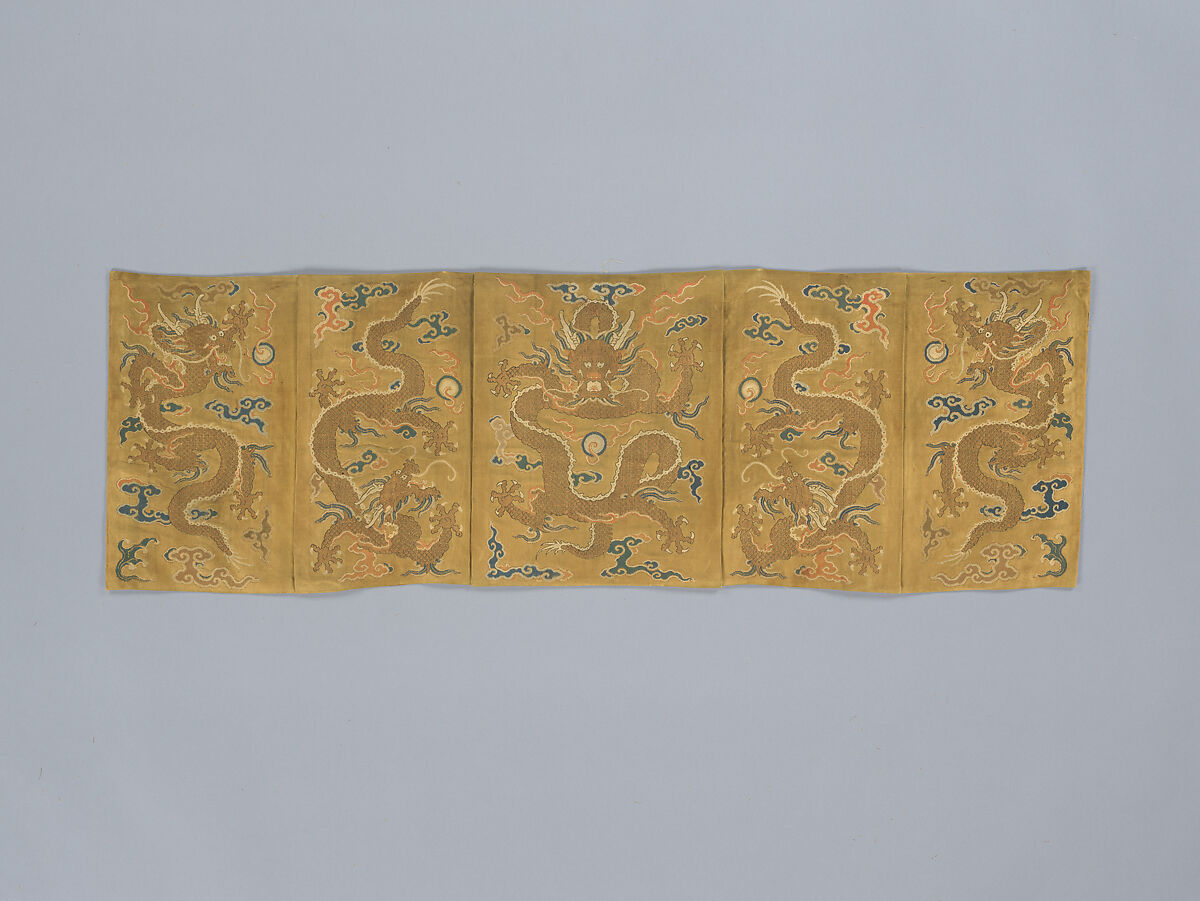 Door valance and side panels with dragons, Silk and metal thread brocade, China
