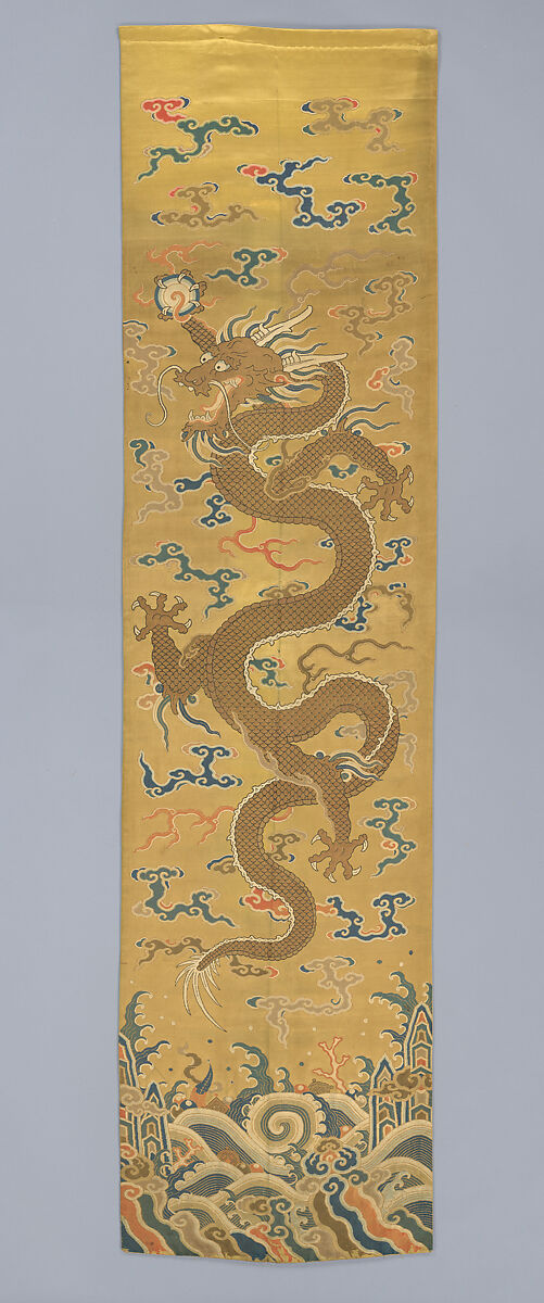 Door valance and side panels with dragons, Silk and metal thread brocade, China