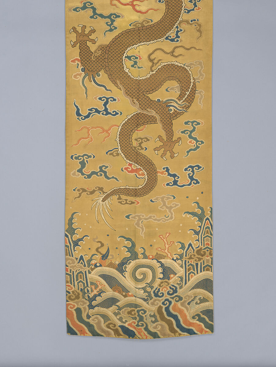 Door valance and side panels with dragons, Silk and metal thread brocade, China
