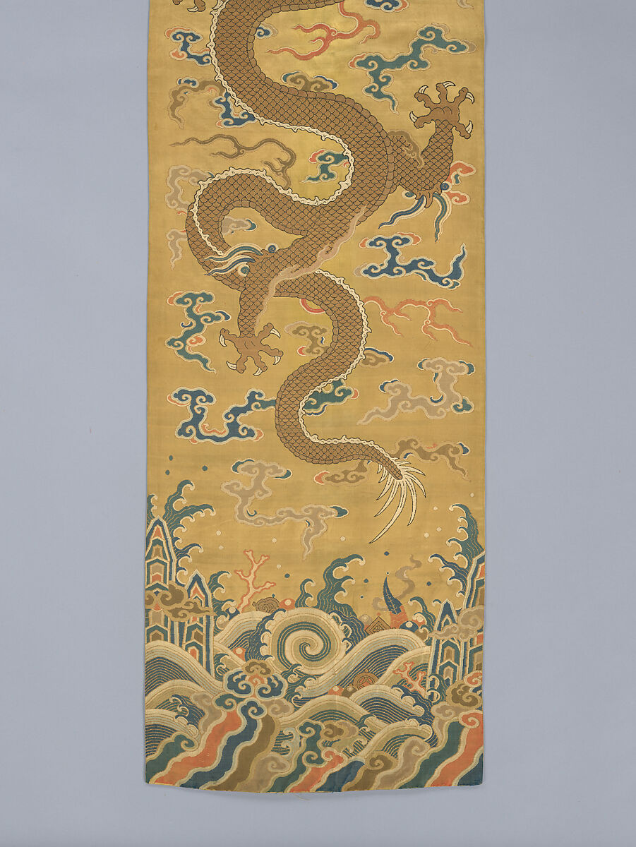 Door valance and side panels with dragons, Silk and metal thread brocade, China