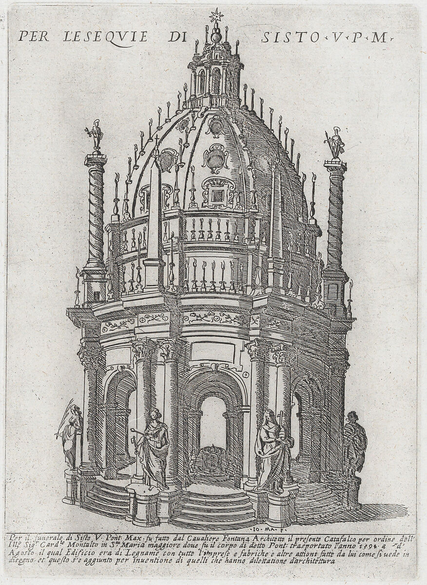 Catafalque for Pope Sixtus V; from 'Libro De Catafalchi, Tabernacoli, con varij designi di Porte fenestre et altri ornamenti di Architettura', Giovanni Maggi (Italian, 1566–1618), Engraving 
