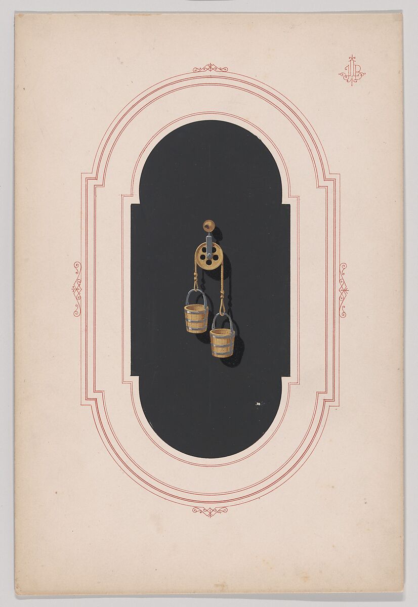 Design for a Gold Earring with Two Buckets and Pulley, Anonymous, French, 19th century, Lithograph, ink and watercolor 