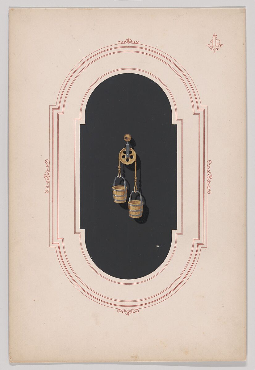 Design for a Gold Earring with Two Buckets and Pulley, Anonymous, French, 19th century, Lithograph, ink and watercolor 