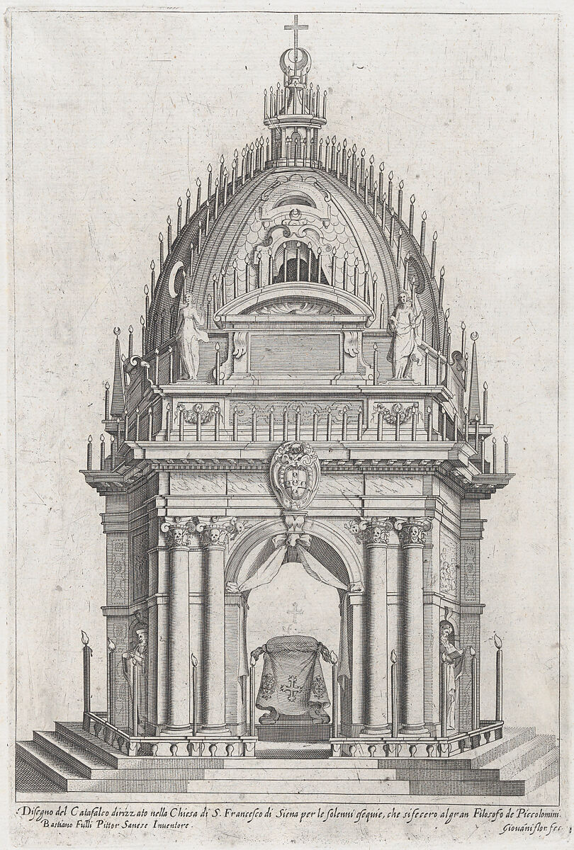 Design of the catafalque for Francesco Piccolomini; from 'Libro De Catafalchi, Tabernacoli, con varij designi di Porte fenestre et altri ornamenti di Architettura', Giovanni Florimi (Italian, active Siena and Rome, 1600–1635), Engraving 