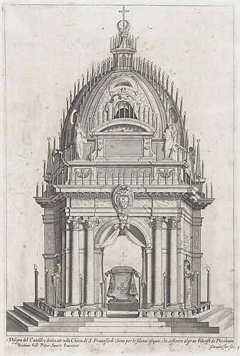 Design of the catafalque for Francesco Piccolomini; from 'Libro De Catafalchi, Tabernacoli, con varij designi di Porte fenestre et altri ornamenti di Architettura'