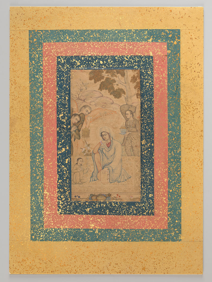 The Virgin and Child Attended by Angels, Attributed to Manohar (active ca. 1582–1624), Brown and blue ink with gold on paper, Islamic 