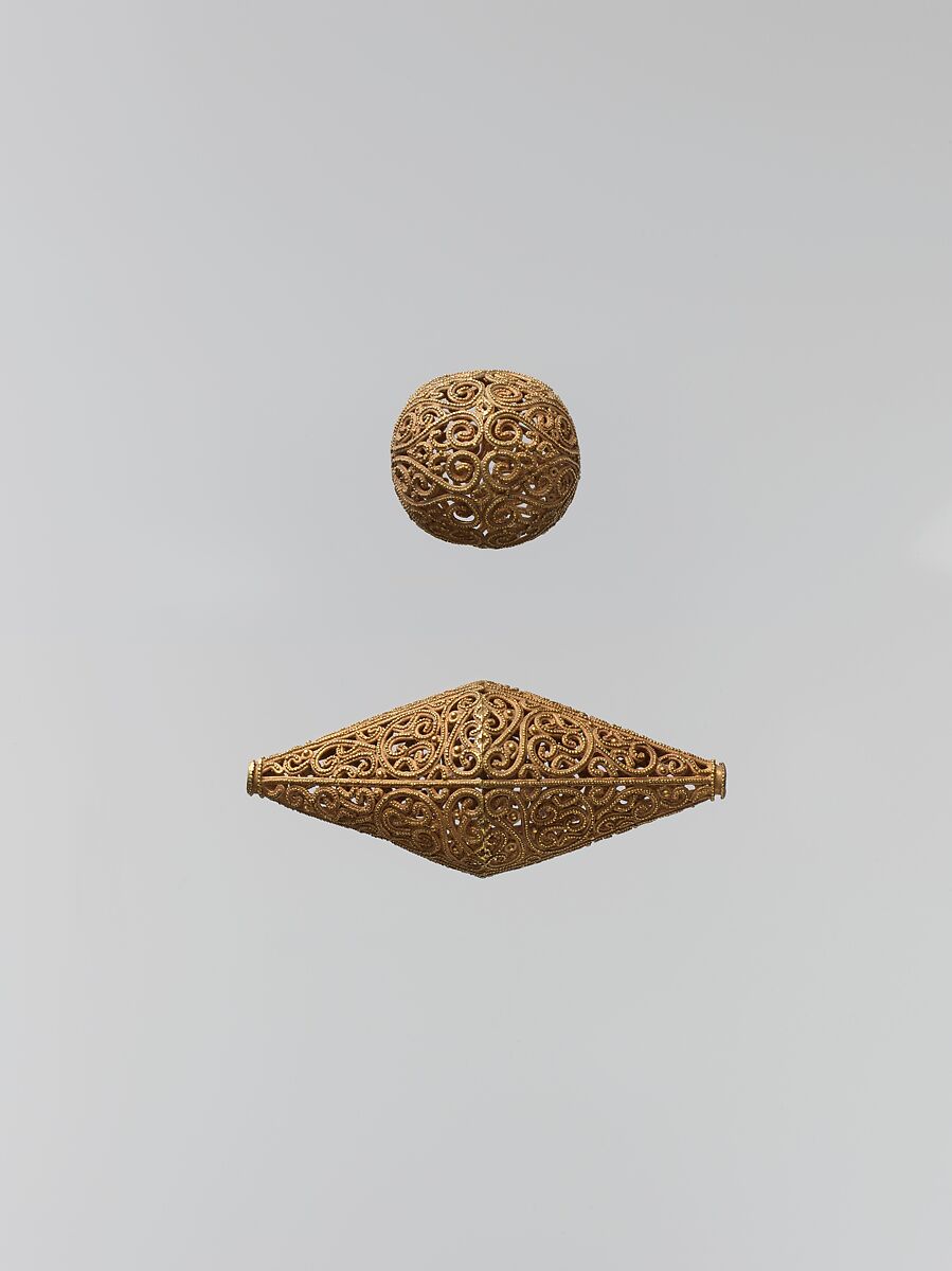 Spherical and Biconical Gold Beads, Gold; filigree and granulation 