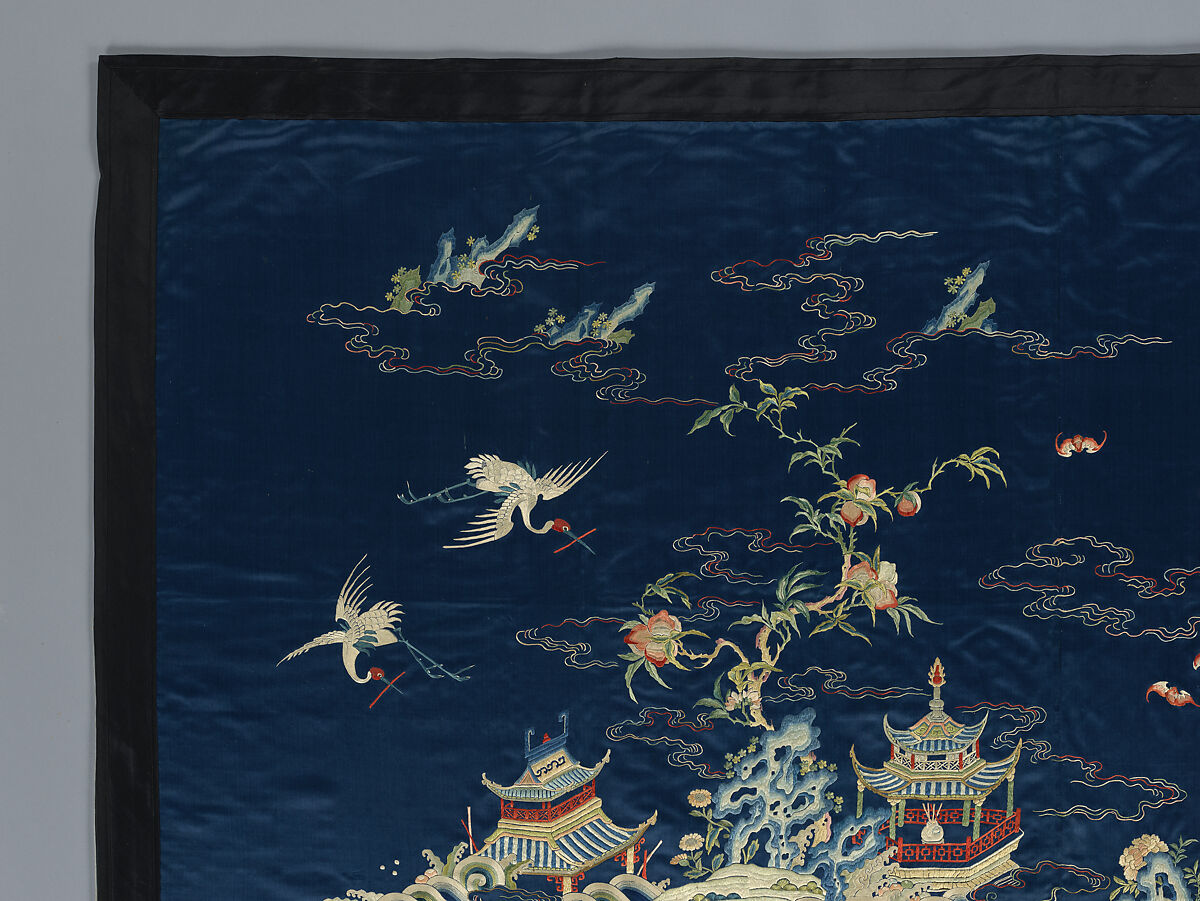 Panel with cranes over an immortal land, Silk embroidery on silk satin, China