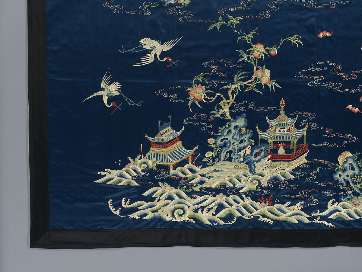 Panel with cranes over an immortal land, Silk embroidery on silk satin, China
