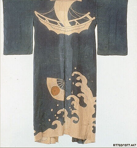 Fisherman’s Festival Robe (Maiwai) with Waves, Ship, and Fan, Raw silk, hand-painted and paste-resist dyed, Japan 