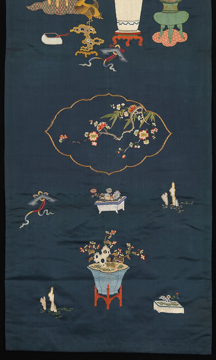 Chair Strip with Antiquities, Silk and metal thread embroidery on silk satin, China