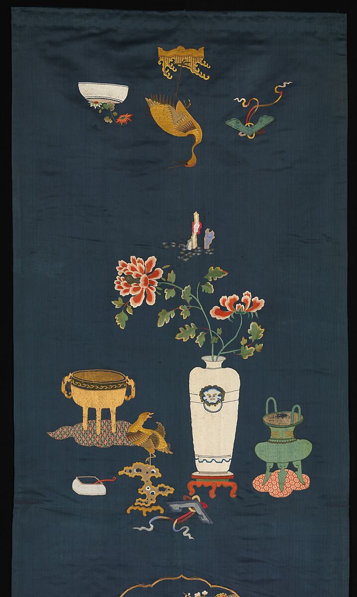 Chair Strip with Antiquities, Silk and metal thread embroidery on silk satin, China