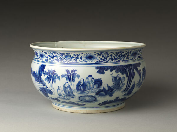 Incense Burner with Eighteen Luohans, Porcelain painted with cobalt blue under transparent glaze (Jingdezhen ware), China 