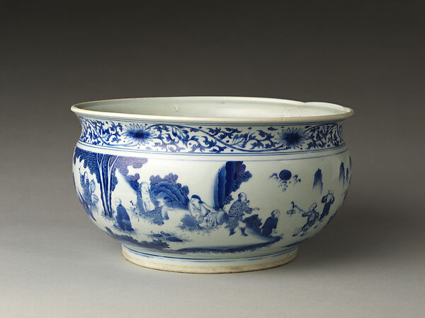 Incense Burner with Eighteen Luohans, Porcelain painted with cobalt blue under transparent glaze (Jingdezhen ware), China