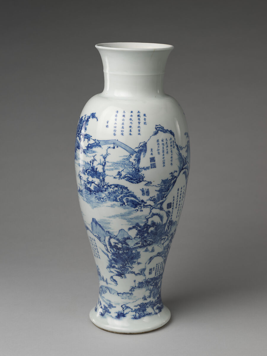 Vase with poems in a panoramic landscape, Porcelain painted with cobalt blue under transparent glaze (Jingdezhen ware), China 