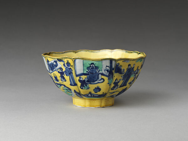 Bowl with Eight Immortals of the Wine Cup
, Porcelain painted with cobalt blue underglaze and green enamels over yellow ground (Jingdezhen ware), China