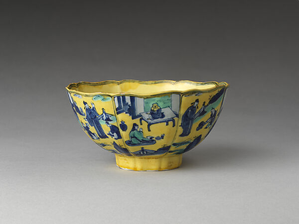 Bowl with Eight Immortals of the Wine Cup, Porcelain painted with cobalt blue underglaze and green enamels over yellow ground (Jingdezhen ware), China