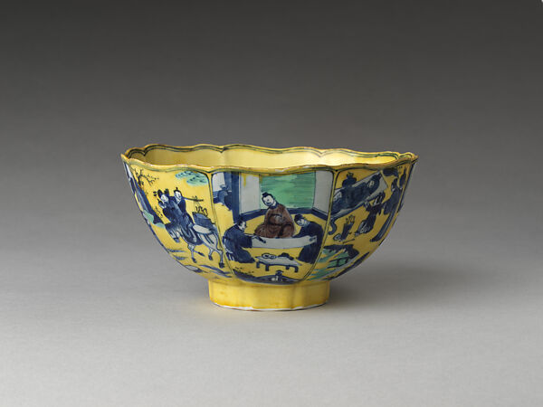 Bowl with Eight Immortals of the Wine Cup, Porcelain painted with cobalt blue underglaze and green enamels over yellow ground (Jingdezhen ware), China