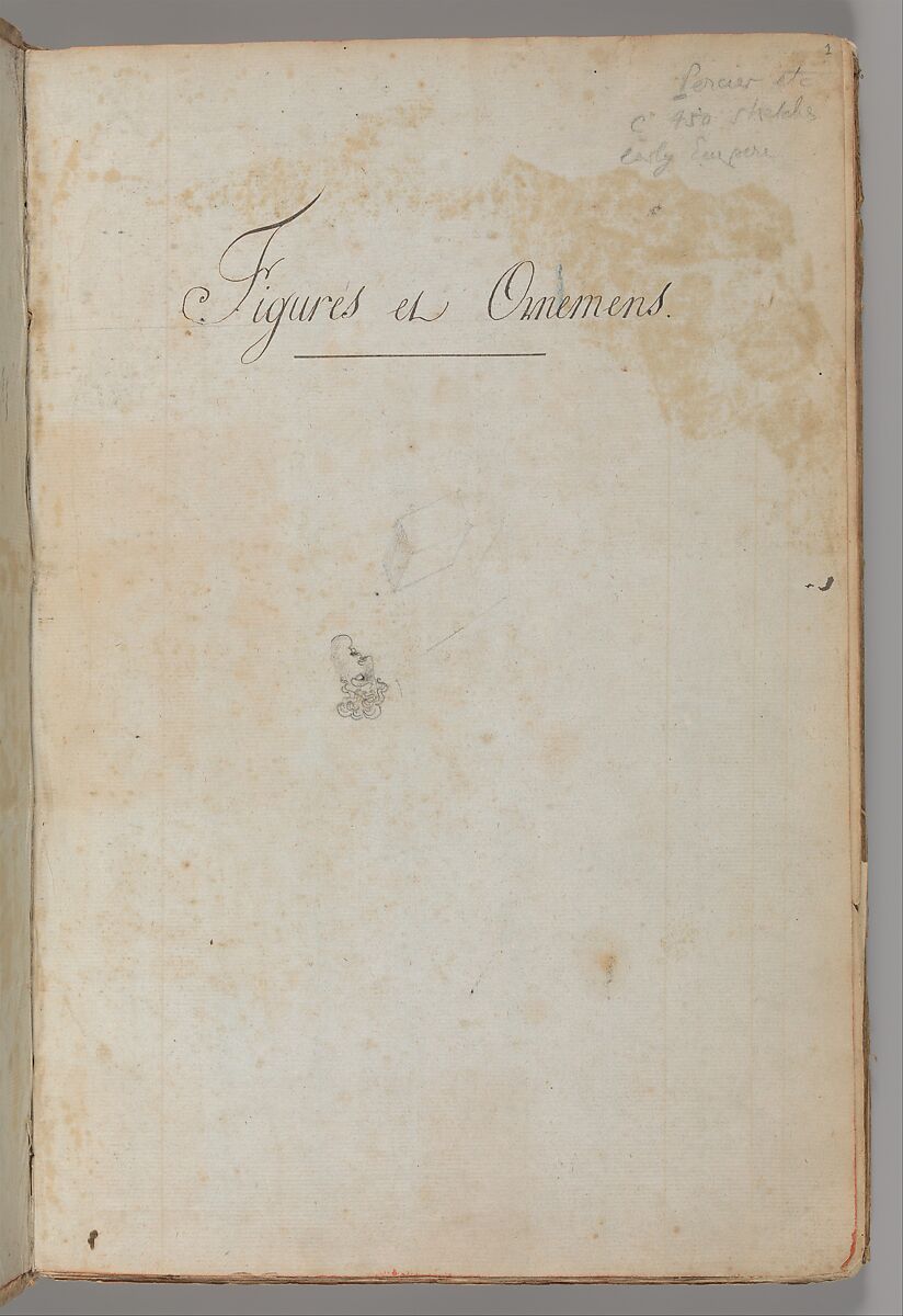 Title to Scrapbook containing Drawings and Several Prints of Architecture, Interiors, Furniture and Other Objects, Workshop of Charles Percier (French, Paris 1764–1838 Paris), Pen and black and gray ink, graphite, black chalk 