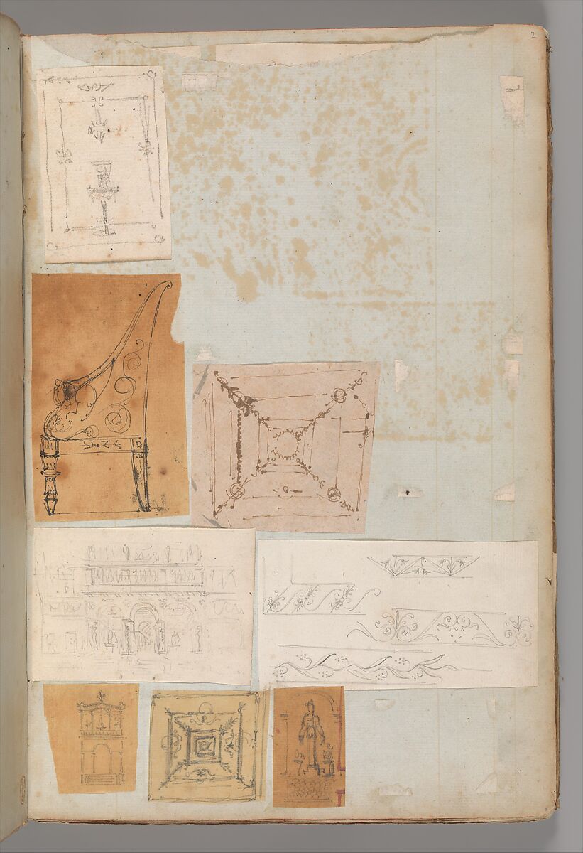 Page from a Scrapbook containing Drawings and Several Prints of Architecture, Interiors, Furniture and Other Objects, Workshop of Charles Percier (French, Paris 1764–1838 Paris), Pen and black and gray ink, graphite, black chalk 