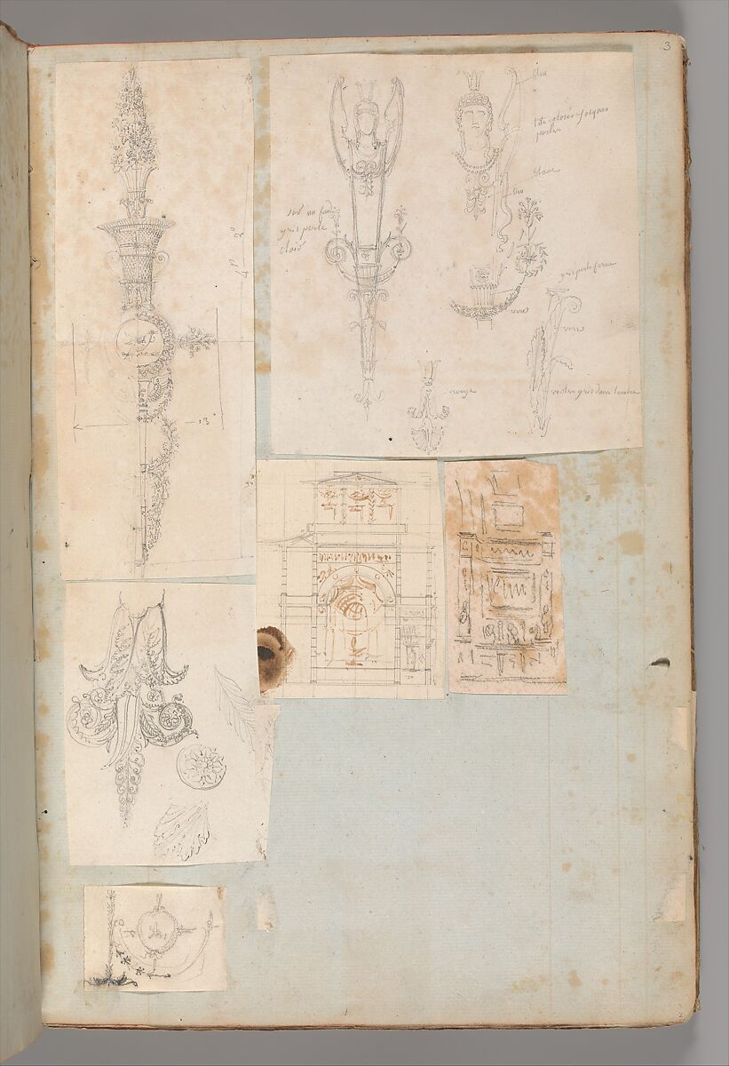 Page from a Scrapbook containing Drawings and Several Prints of Architecture, Interiors, Furniture and Other Objects, Workshop of Charles Percier (French, Paris 1764–1838 Paris), Pen and black and gray ink, graphite, black chalk 