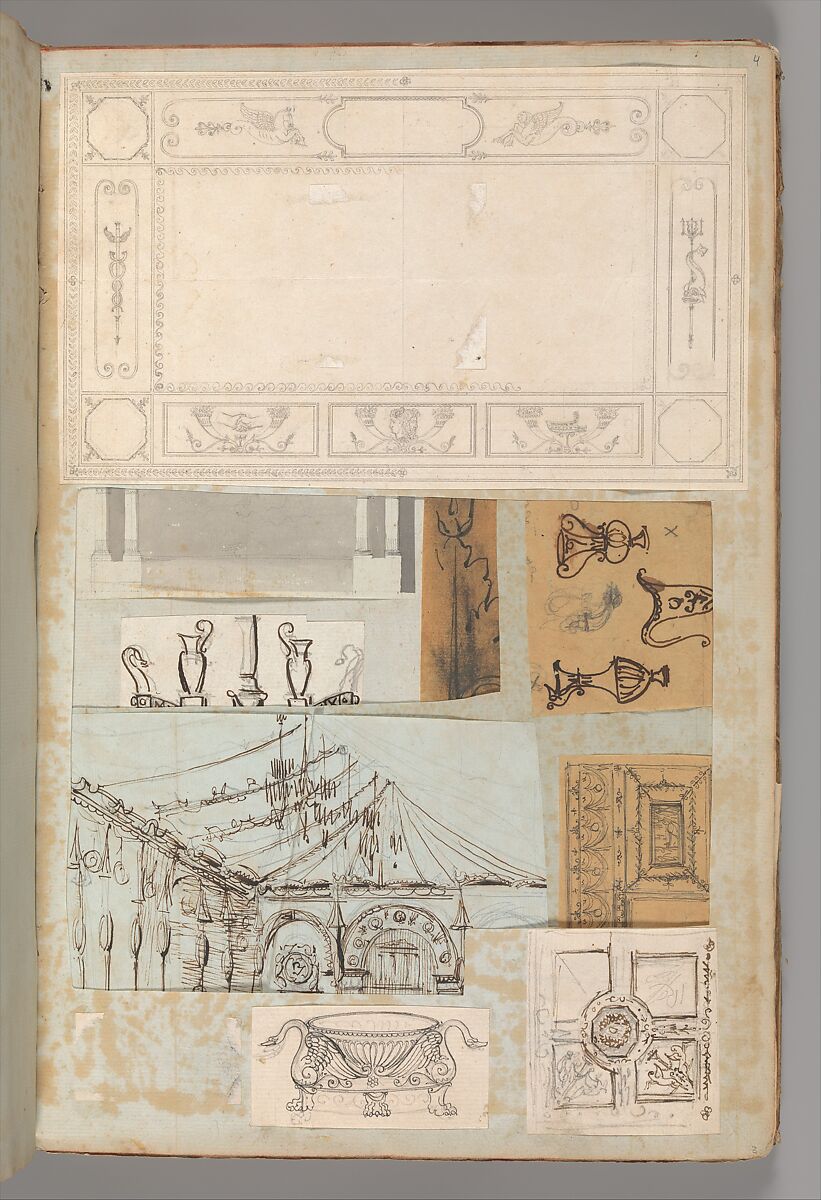 Page from a Scrapbook containing Drawings and Several Prints of Architecture, Interiors, Furniture and Other Objects, Workshop of Charles Percier (French, Paris 1764–1838 Paris), Pen and black and gray ink, graphite, black chalk 