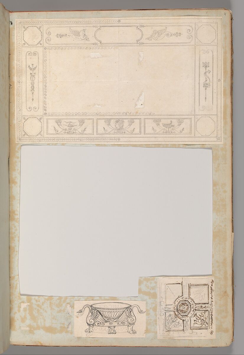 Page from a Scrapbook containing Drawings and Several Prints of Architecture, Interiors, Furniture and Other Objects, Workshop of Charles Percier (French, Paris 1764–1838 Paris), Pen and black and gray ink, graphite, black chalk