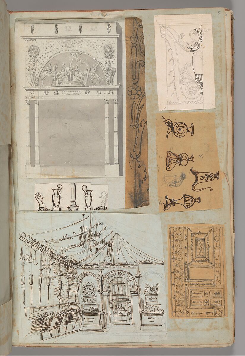 Page from a Scrapbook containing Drawings and Several Prints of Architecture, Interiors, Furniture and Other Objects, Workshop of Charles Percier (French, Paris 1764–1838 Paris), Pen and black and gray ink, graphite, black chalk 