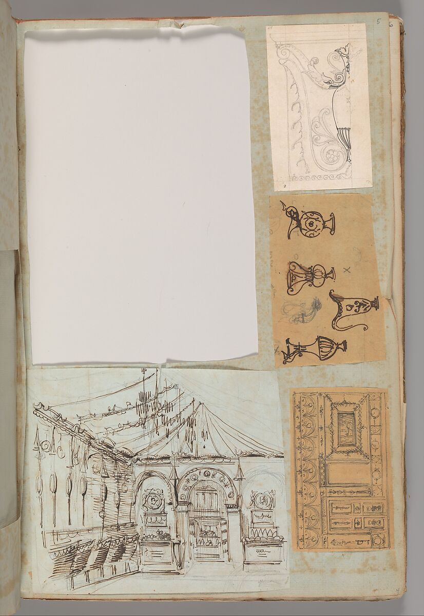 Page from a Scrapbook containing Drawings and Several Prints of Architecture, Interiors, Furniture and Other Objects, Workshop of Charles Percier (French, Paris 1764–1838 Paris), Pen and black and gray ink, graphite, black chalk