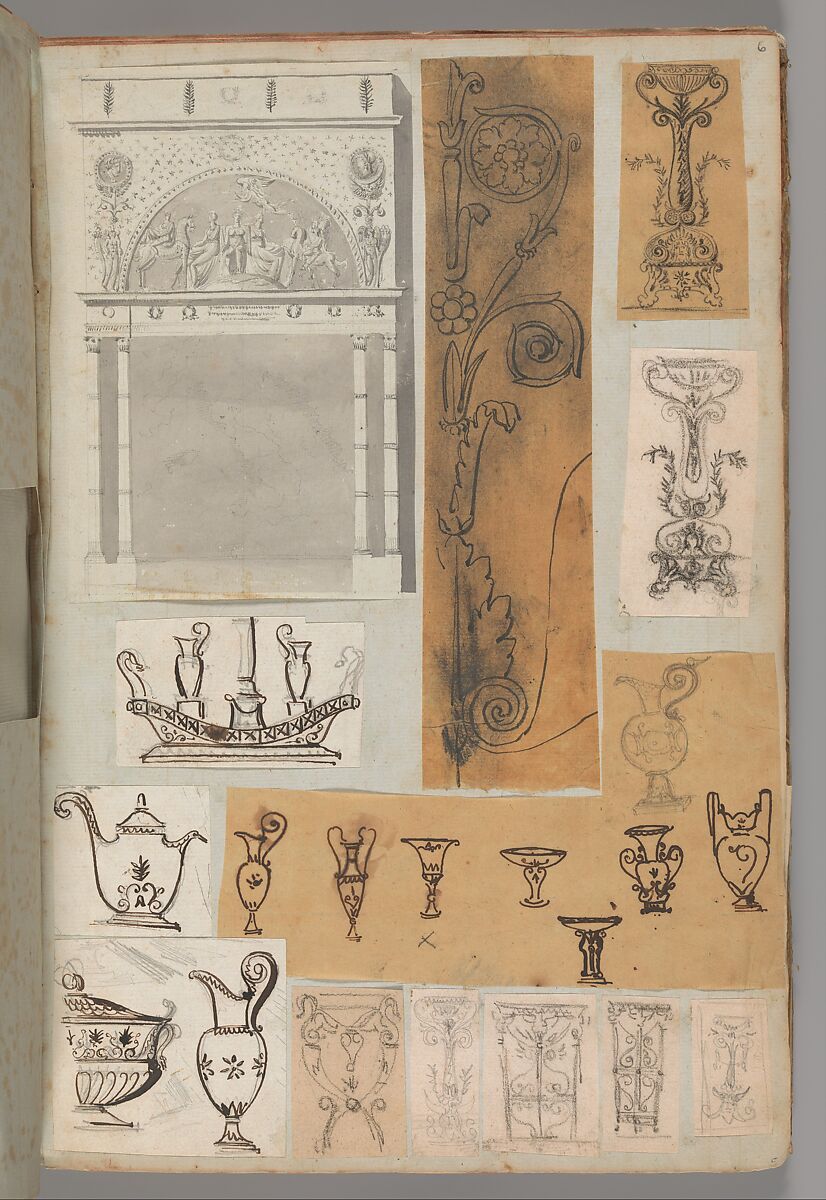 Page from a Scrapbook containing Drawings and Several Prints of Architecture, Interiors, Furniture and Other Objects, Workshop of Charles Percier (French, Paris 1764–1838 Paris), Pen and black and gray ink, graphite, black chalk 