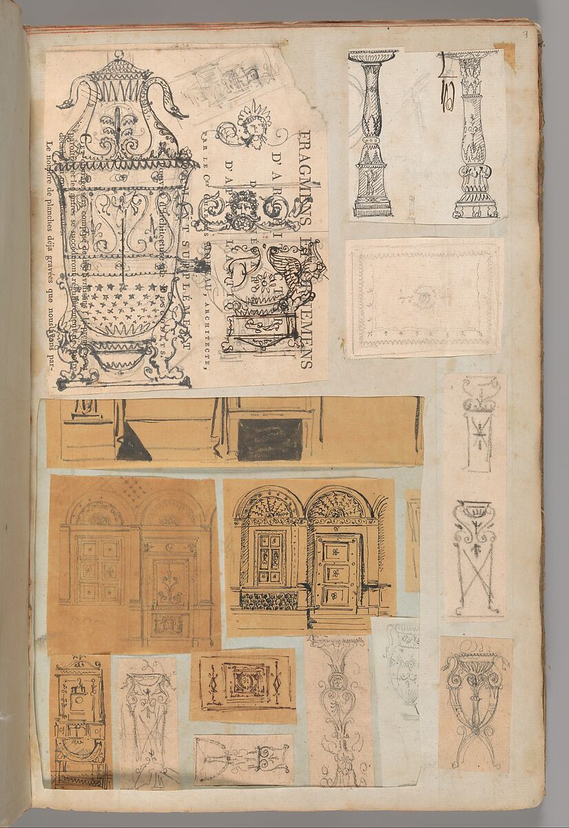 Page from a Scrapbook containing Drawings and Several Prints of Architecture, Interiors, Furniture and Other Objects, Workshop of Charles Percier (French, Paris 1764–1838 Paris), Pen and black and gray ink, graphite, black chalk 