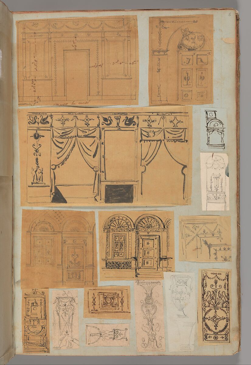 Page from a Scrapbook containing Drawings and Several Prints of Architecture, Interiors, Furniture and Other Objects, Workshop of Charles Percier (French, Paris 1764–1838 Paris), Pen and black and gray ink, graphite, black chalk 