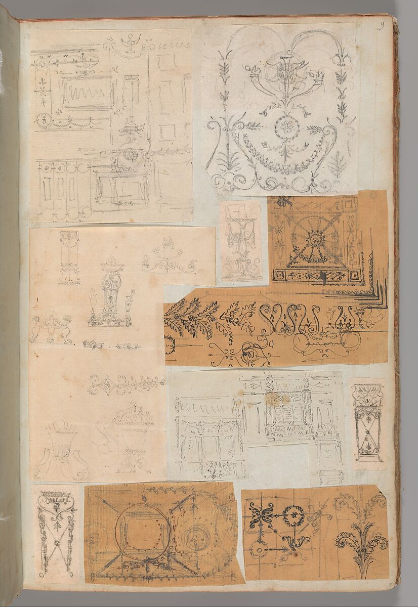 Page from a Scrapbook containing Drawings and Several Prints of Architecture, Interiors, Furniture and Other Objects, Workshop of Charles Percier (French, Paris 1764–1838 Paris), Pen and black and gray ink, graphite, black chalk 