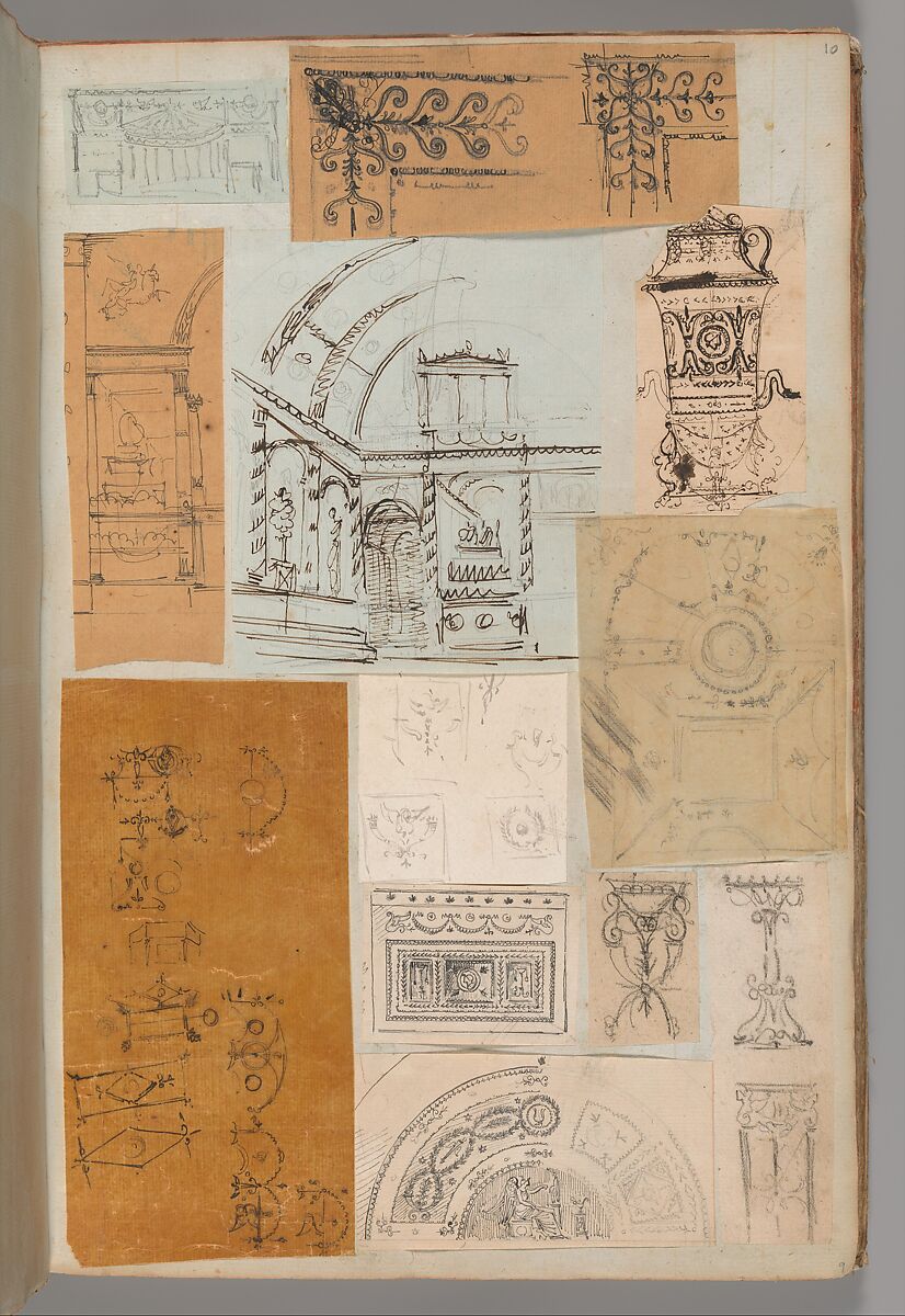 Page from a Scrapbook containing Drawings and Several Prints of Architecture, Interiors, Furniture and Other Objects, Workshop of Charles Percier (French, Paris 1764–1838 Paris), Pen and black and gray ink, graphite, black chalk 