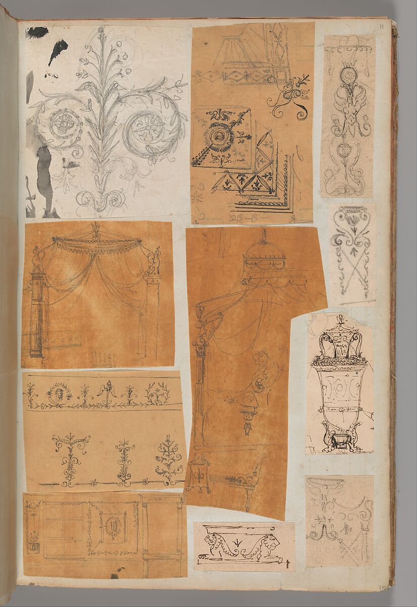 Page from a Scrapbook containing Drawings and Several Prints of Architecture, Interiors, Furniture and Other Objects, Workshop of Charles Percier (French, Paris 1764–1838 Paris), Pen and black and gray ink, graphite, black chalk 