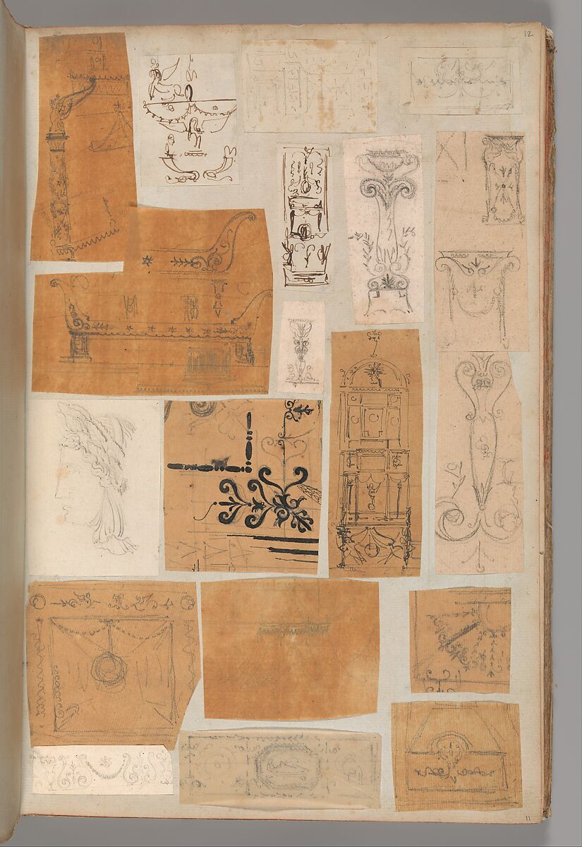 Page from a Scrapbook containing Drawings and Several Prints of Architecture, Interiors, Furniture and Other Objects, Workshop of Charles Percier (French, Paris 1764–1838 Paris), Pen and black and gray ink, graphite, black chalk 