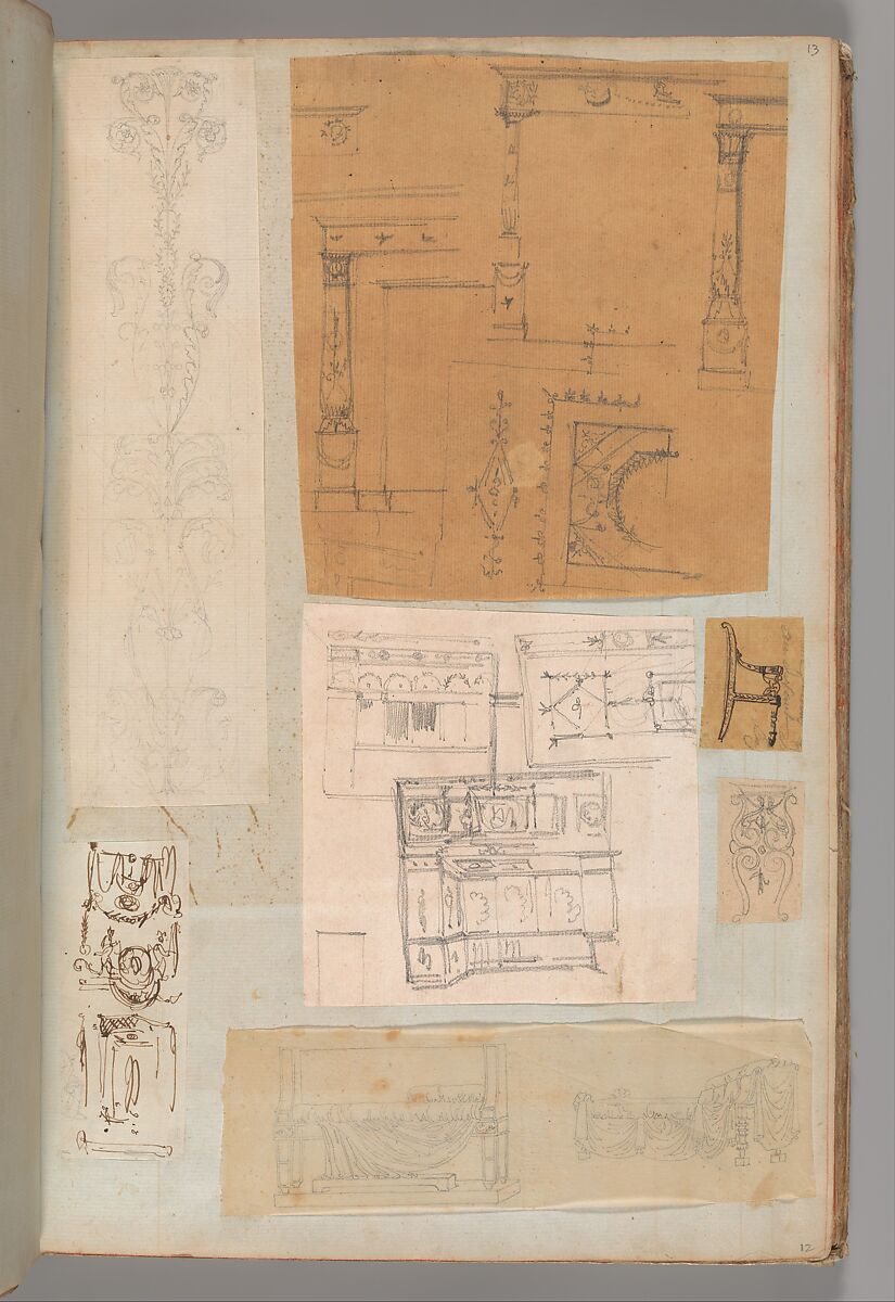 Page from a Scrapbook containing Drawings and Several Prints of Architecture, Interiors, Furniture and Other Objects, Workshop of Charles Percier (French, Paris 1764–1838 Paris), Pen and black and gray ink, graphite, black chalk 