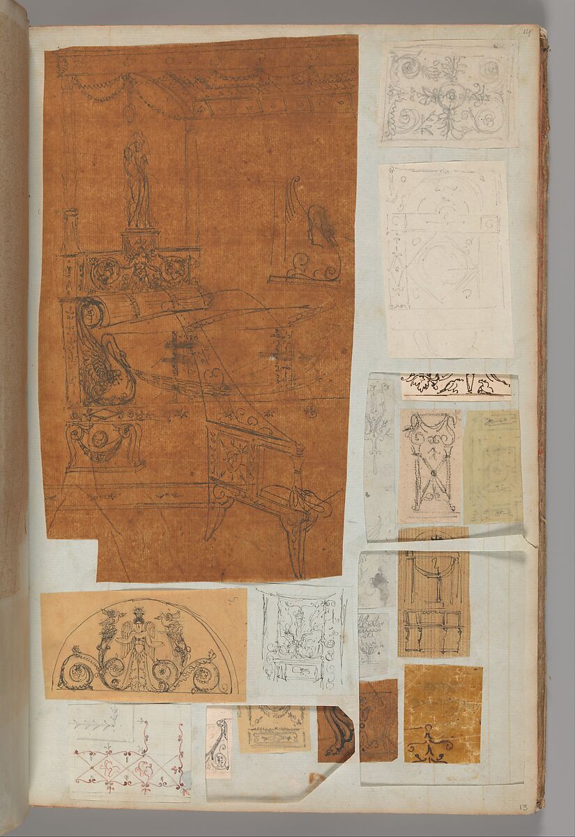 Page from a Scrapbook containing Drawings and Several Prints of Architecture, Interiors, Furniture and Other Objects, Workshop of Charles Percier (French, Paris 1764–1838 Paris), Pen and black and gray ink, graphite, black chalk 