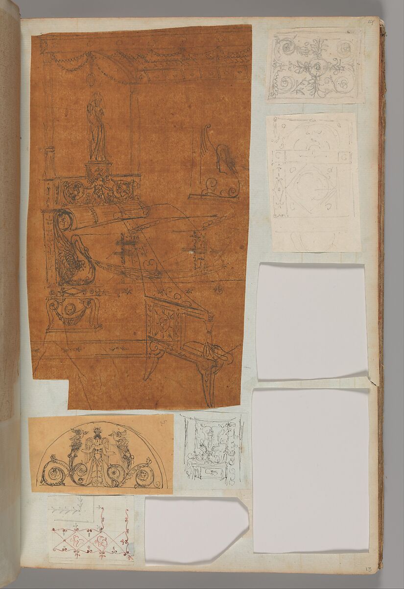 Page from a Scrapbook containing Drawings and Several Prints of Architecture, Interiors, Furniture and Other Objects, Workshop of Charles Percier (French, Paris 1764–1838 Paris), Pen and black and gray ink, graphite, black chalk