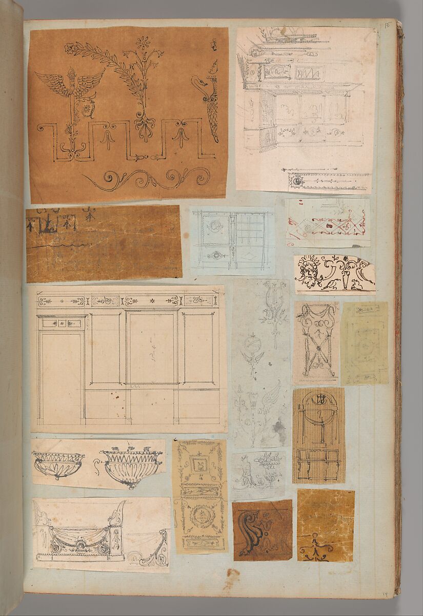 Page from a Scrapbook containing Drawings and Several Prints of Architecture, Interiors, Furniture and Other Objects, Workshop of Charles Percier (French, Paris 1764–1838 Paris), Pen and black and gray ink, graphite, black chalk 