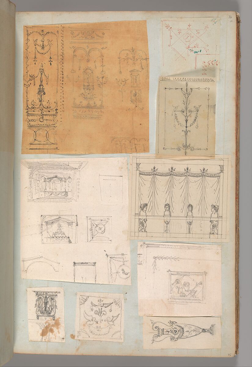 Page from a Scrapbook containing Drawings and Several Prints of Architecture, Interiors, Furniture and Other Objects, Workshop of Charles Percier (French, Paris 1764–1838 Paris), Pen and black and gray ink, graphite, black chalk 