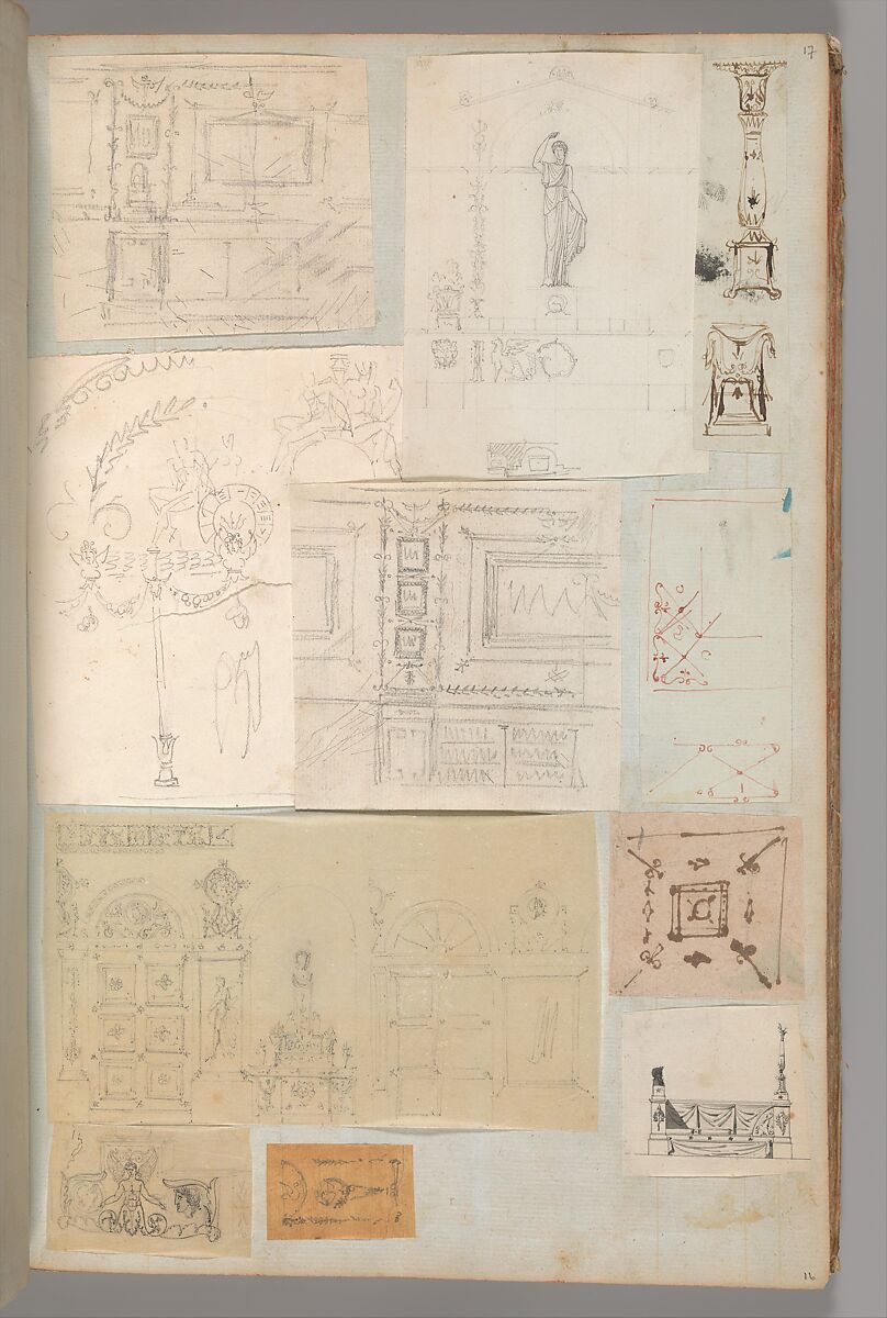 Page from a Scrapbook containing Drawings and Several Prints of Architecture, Interiors, Furniture and Other Objects, Workshop of Charles Percier (French, Paris 1764–1838 Paris), Pen and black and gray ink, graphite, black chalk 