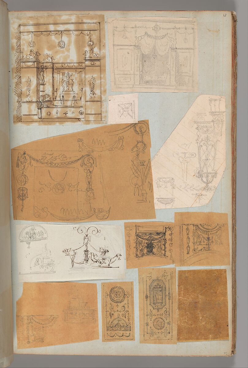 Page from a Scrapbook containing Drawings and Several Prints of Architecture, Interiors, Furniture and Other Objects, Workshop of Charles Percier (French, Paris 1764–1838 Paris), Pen and black and gray ink, graphite, black chalk 