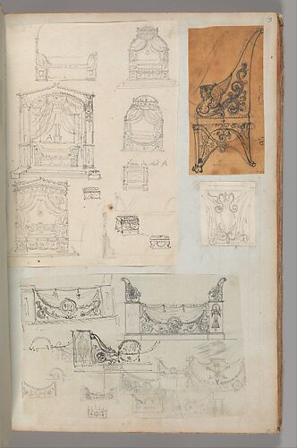 Page from a Scrapbook containing Drawings and Several Prints of Architecture, Interiors, Furniture and Other Objects