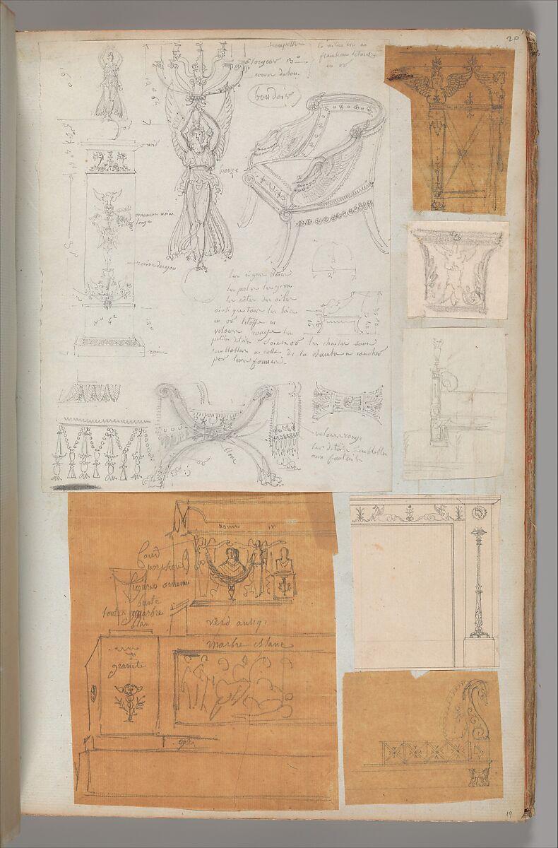 Page from a Scrapbook containing Drawings and Several Prints of Architecture, Interiors, Furniture and Other Objects, Workshop of Charles Percier (French, Paris 1764–1838 Paris), Pen and black and gray ink, graphite, black chalk 