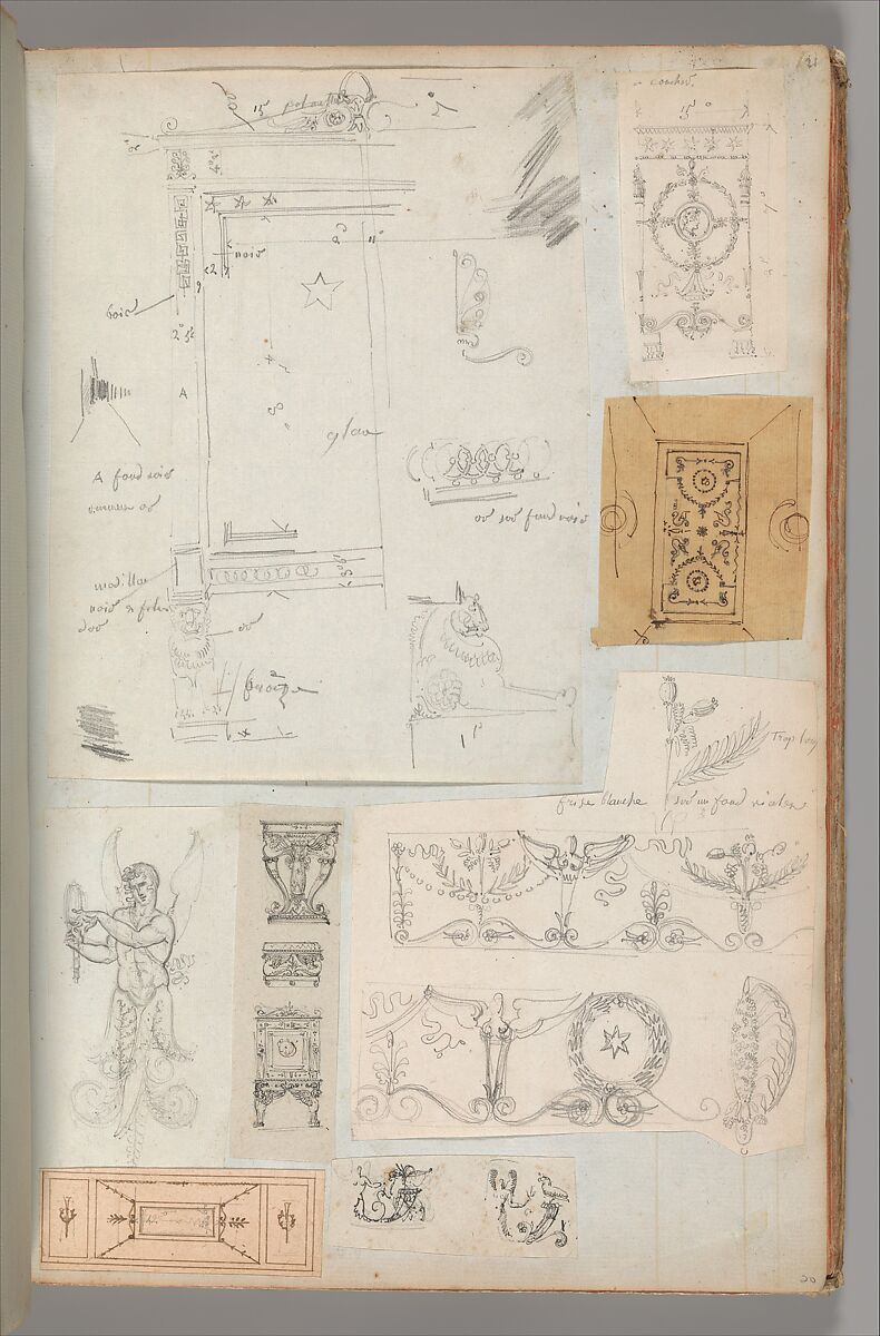 Page from a Scrapbook containing Drawings and Several Prints of Architecture, Interiors, Furniture and Other Objects, Workshop of Charles Percier (French, Paris 1764–1838 Paris), Pen and black and gray ink, graphite, black chalk 