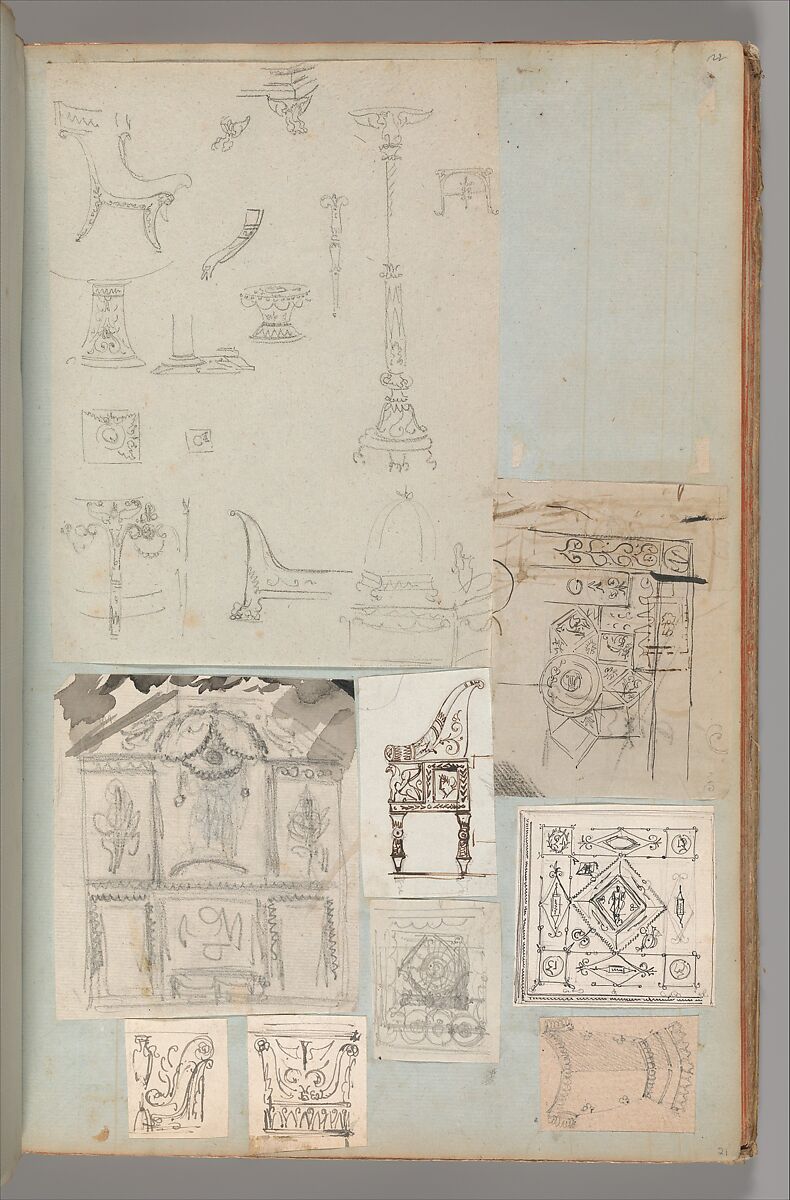 Page from a Scrapbook containing Drawings and Several Prints of Architecture, Interiors, Furniture and Other Objects, Workshop of Charles Percier (French, Paris 1764–1838 Paris), Pen and black and gray ink, graphite, black chalk 