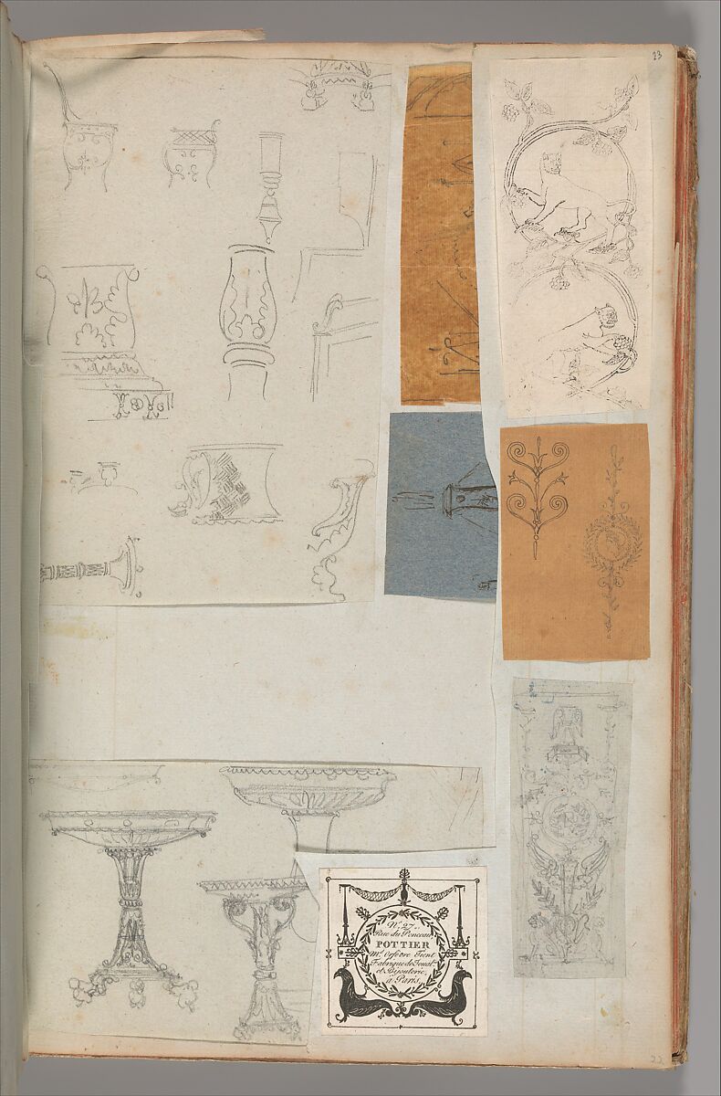 Page from a Scrapbook containing Drawings and Several Prints of Architecture, Interiors, Furniture and Other Objects, Workshop of Charles Percier (French, Paris 1764–1838 Paris), Pen and black and gray ink, graphite, black chalk 