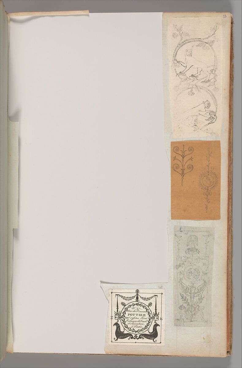 Page from a Scrapbook containing Drawings and Several Prints of Architecture, Interiors, Furniture and Other Objects, Workshop of Charles Percier (French, Paris 1764–1838 Paris), Pen and black and gray ink, graphite, black chalk