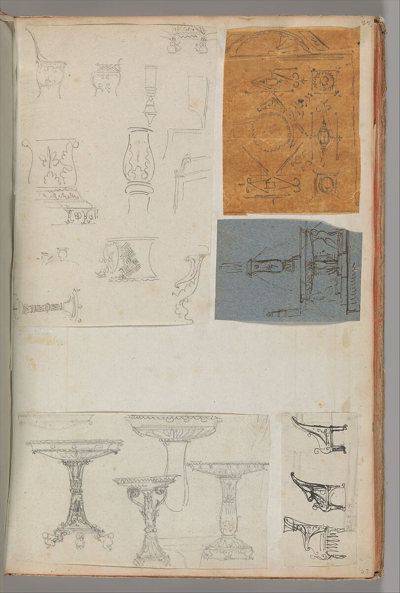 Page from a Scrapbook containing Drawings and Several Prints of Architecture, Interiors, Furniture and Other Objects, Workshop of Charles Percier (French, Paris 1764–1838 Paris), Pen and black and gray ink, graphite, black chalk 